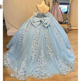 Sky Blue Quinceanera Dress Off-Shoulder Ball Gown with 3D Floral Lace & Beaded Detailing for Sweet 16 & Birthday Celebrations